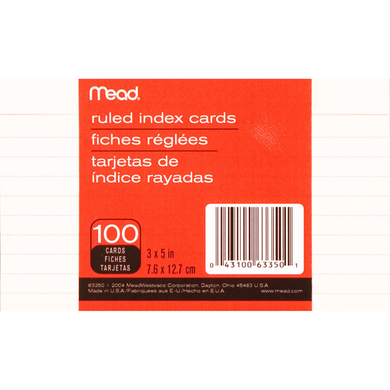 Mead Index Card - White 3x5in 100Ct Ruled
