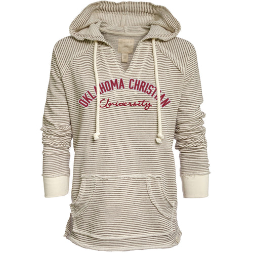 Ladies Striped French Terry V-Neck Hoodie, Bone/Cinder (F22)